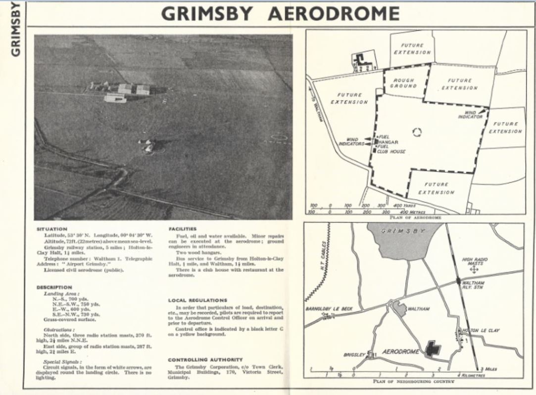 Details for Grimsby Aerodrome (Waltham Airfield), Lincolnshire. The airfield later became RAF Station Grimsby during the second world war.