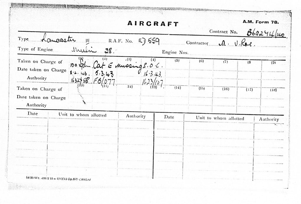 Lancaster ED559's Air Ministry Form 78