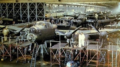 Lancaster assembly line at Avro's Woodford factory during WW2.