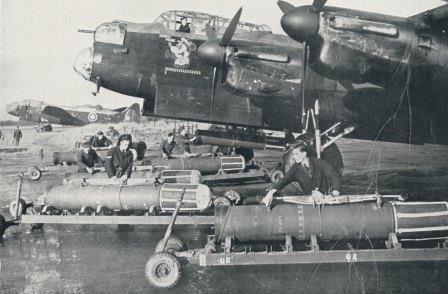 RAF armourers loading an Avro Lancaster with air-deployed sea mines